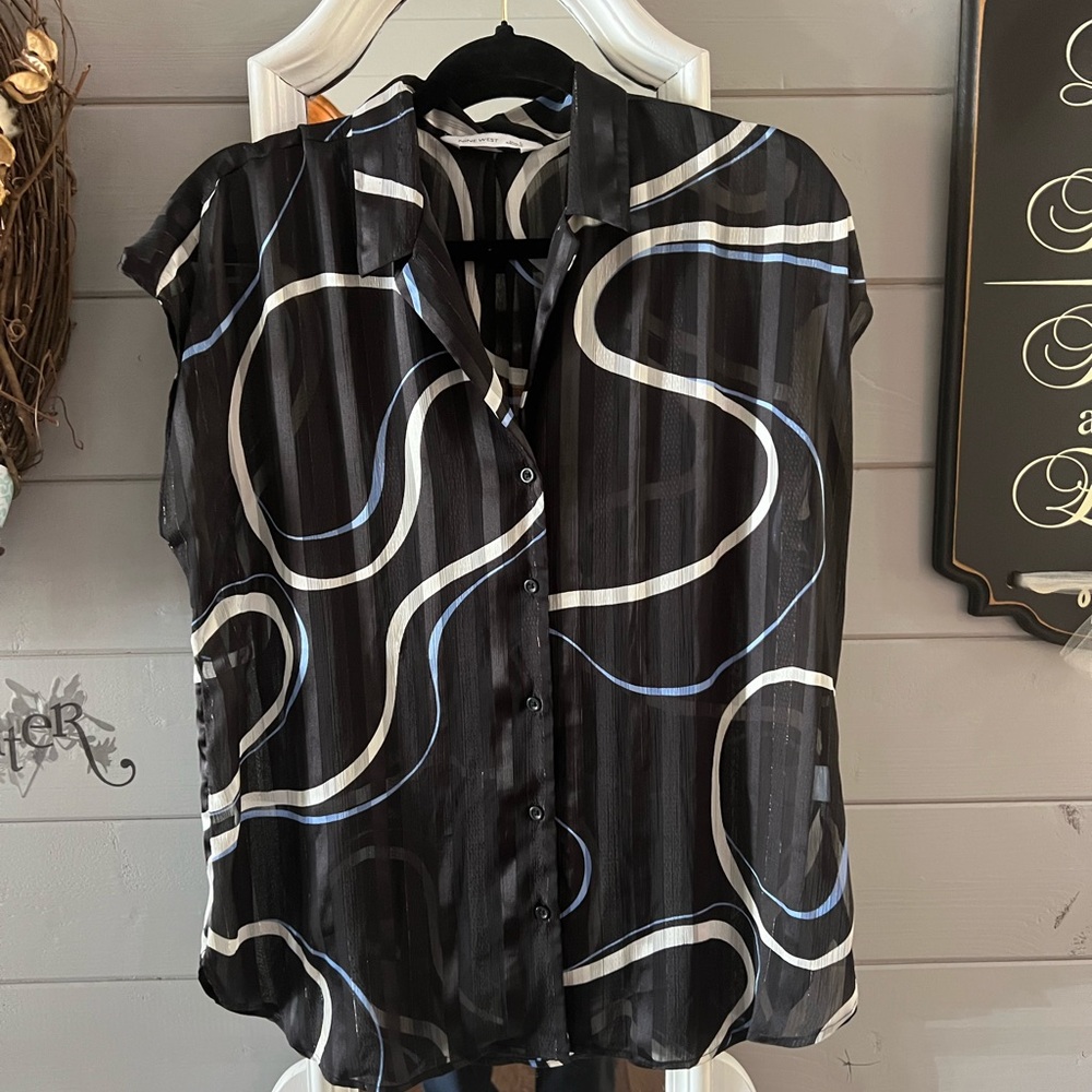 Nine West Black Sheer Button-Front Blouse with White and Blue Swirl
